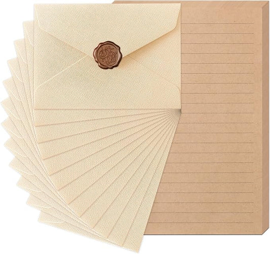 48 Pieces Stationery Set with Envelopes (24 Kraft Paper Sheets + 12 Linen Texture Envelopes+12 Wax Seal Stickers), Stationery Letter Writing Paper Set for Love Letters and Party Invitations (White)