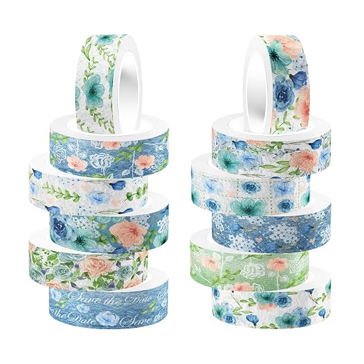 12 Rolls Floral Washi Tape, Blue Rose Flower Masking Tape, Spring Vintage Blue Pink Floral Decorative Tapes for DIY Craft Scrapbooking Journals Planners Gift Wrapping Birthday Party Decor 16.4FT