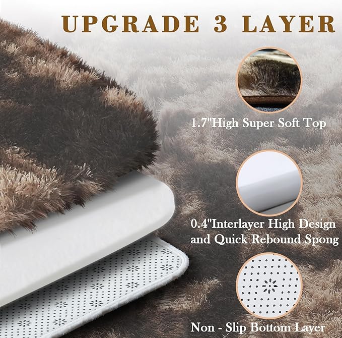 Area Rugs 10x14 Living Room, Shaggy Carpet Soft Plush Furry Bedside Rug Large Area Rugs for Bedroom Home Decor Anti Slip(10 x 14, Dark Coffee Tie-Dyed)