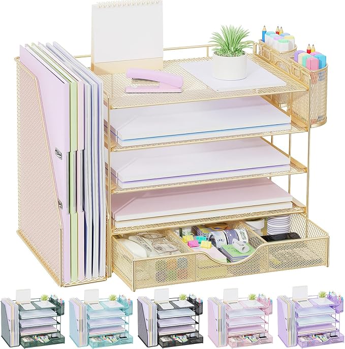 gianotter 5-Tier Desk Organizer with Drawers and File Holders | Letter Trays and Pen Holders - Workspace Accessories for Office Supplies (Gold)
