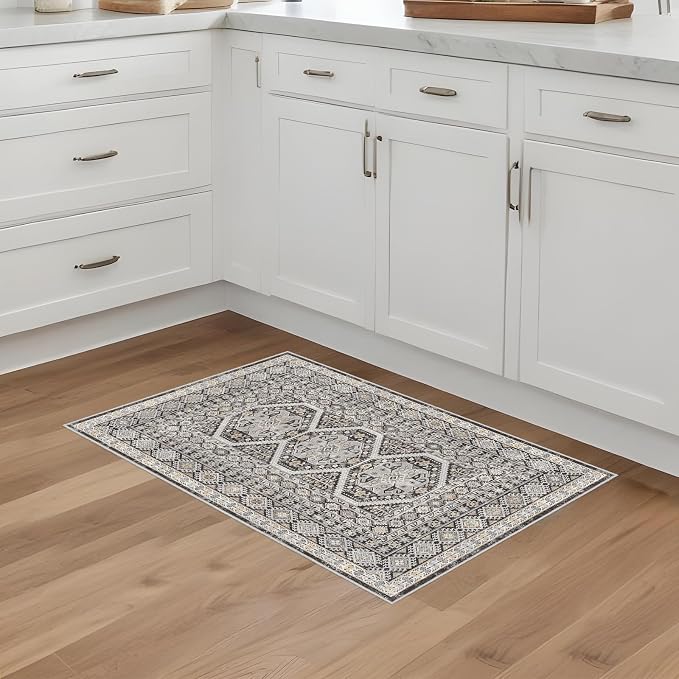 Washable Area Rug Non Slip - 2x3 Small Kitchen Boho Rug Vintage Entryway Low Pile Carpet for Doormat Black