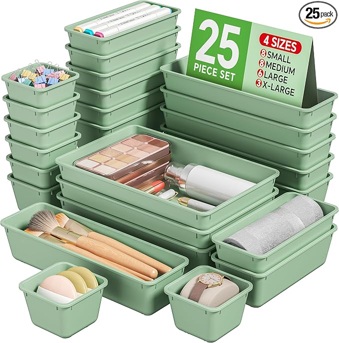 KEMETHY 25 PCS Plastic Drawer Organizers Set, 4 Sizes Vanity Organizer, Makeup and Desk Drawer Organizer Trays, Organization and Storage for Makeup, Bathroom, Kitchen Utensils and Office (Green)