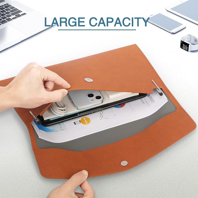 FYY File Folder, PU Leather A4 Document Holder File Organizer Filing Envelope Portfolio Case Tablet Sleeve with Magnetic Snap Closure for Home School Office Stationery Brown