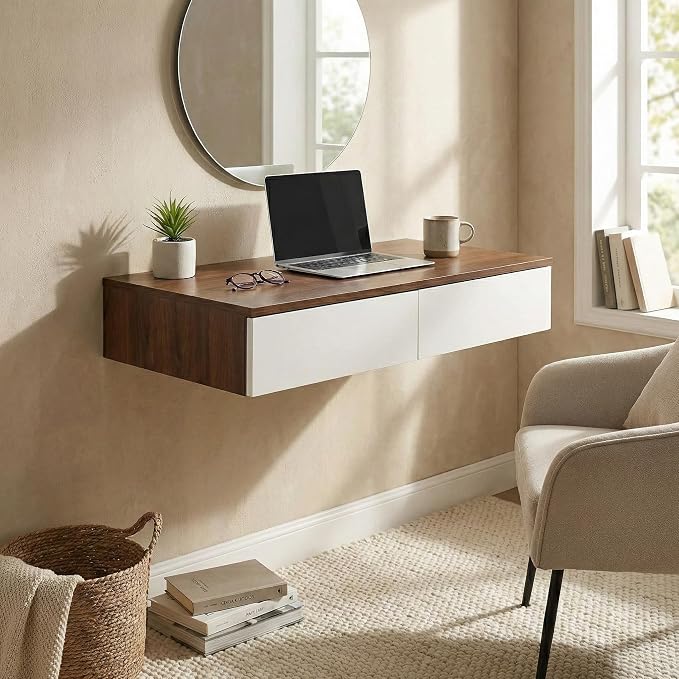 Wall Mounted Floating Vanity Desk with 2 Storage Drawers Modern MDF Makeup Table – 39.4 x 15.7 x 5.9 in (100 x 40 x 15 cm), Space-Saving Makeup Table for Bedroom or Small Spaces (Brown)