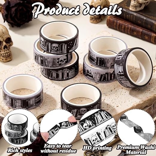 24 Rolls Gothic Book Shelf Washi Tape Set Per Roll, Skull & Book Pattern Decorative Tape Easy Hand Tear for DIY Crafts, Scrapbooking, Journaling, Gift Wrapping Study Planner Decoration