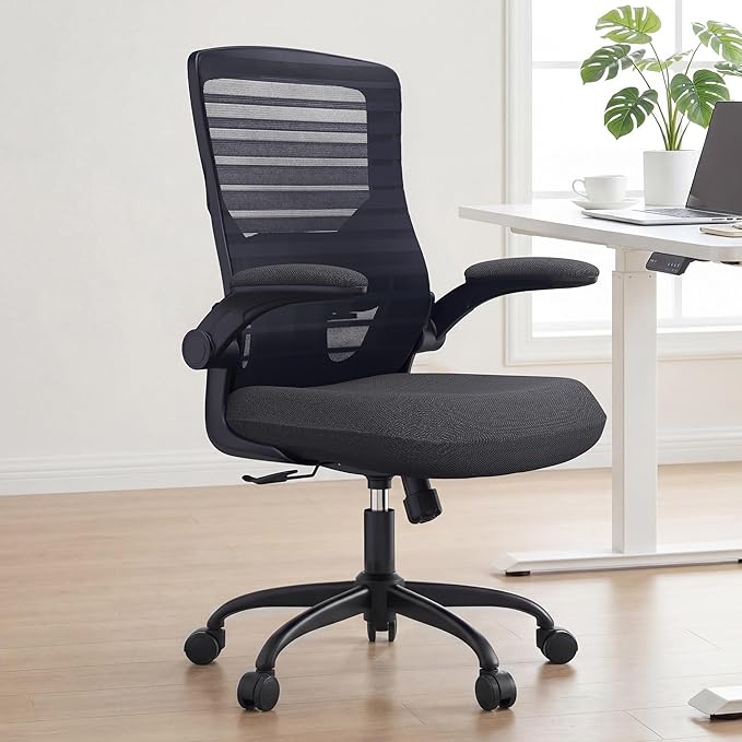 Office Desk Chair for Long Hours & Lower Back Pain Relief – 4“ Thick Molded Foam Cushion, Enhanced Lumbar Support, Padded Flip-up Armrests, Ideal for Office or Study, Black