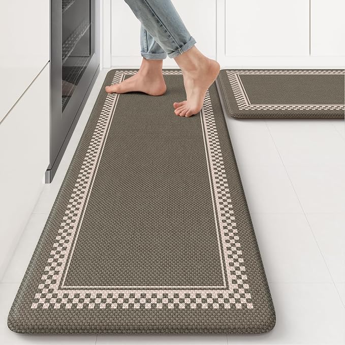 KIMODE Anti Fatigue Mats for Kitchen Floor Checkered Kitchen Rugs Sets of 2 | Sage Green Cushioned Kitchen Floor Mats Non Slip,Farmhouse Standing Mat for Sink Laundry Office Desk Dorm 17"x47"+17"x29"