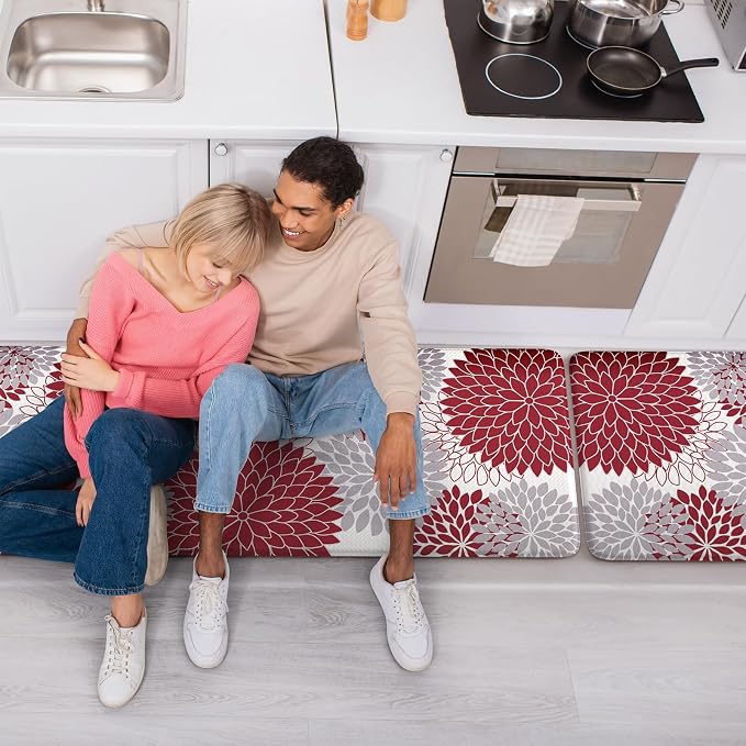 KIMODE Kitchen Rugs and Mats Cushioned Anti Fatigue 2PCS Standing Mat | 17"x59"+17"x29",Floral,Red,Non-slip,Waterproof,Kitchen Runner Rug,Comfort Foam Paded Mat for Floors Office Laundry Sink