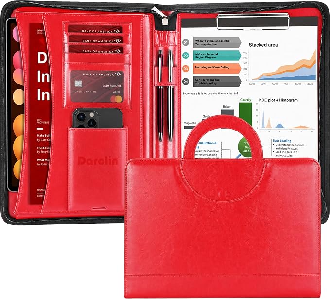 Darolin Vegan Leather Padfolio Portfolio with Handle, Zipper -Red | Business Portfolio Organizer for Meetings, Interviews, Travel, Resume, Clipboard Fits A4, Letter Size, Padfolio for Men Women