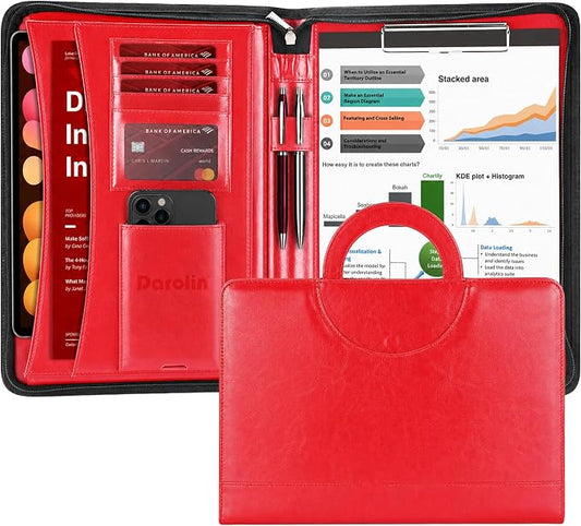 Darolin Vegan Leather Padfolio Portfolio with Handle, Zipper -Red | Business Portfolio Organizer for Meetings, Interviews, Travel, Resume, Clipboard Fits A4, Letter Size, Padfolio for Men Women