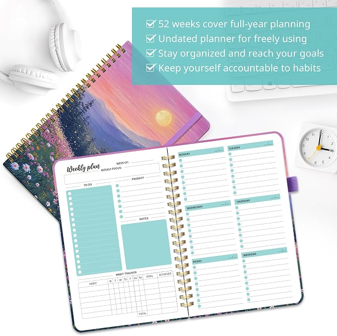 Taja Undated Weekly Planner, Weekly To Do List Notebook with Goal & Habit Tracker Organizer, A5 Weekly Planner Notebook with Spiral Binding, 6.1" x 8.2" - Twilight Bloom