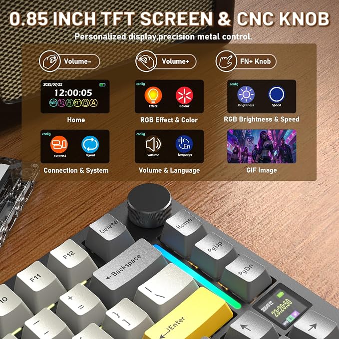 A.JAZZ Attack Shark X820Ultra 75% Wireless Mechanical Gaming Keyboard and Coiled Cable Hot Swappable 2.4GHz/Bluetooth/Wired Keyboard with Screen & Knob RGB Backlit Gasket Mount Gift Switch-Starblack