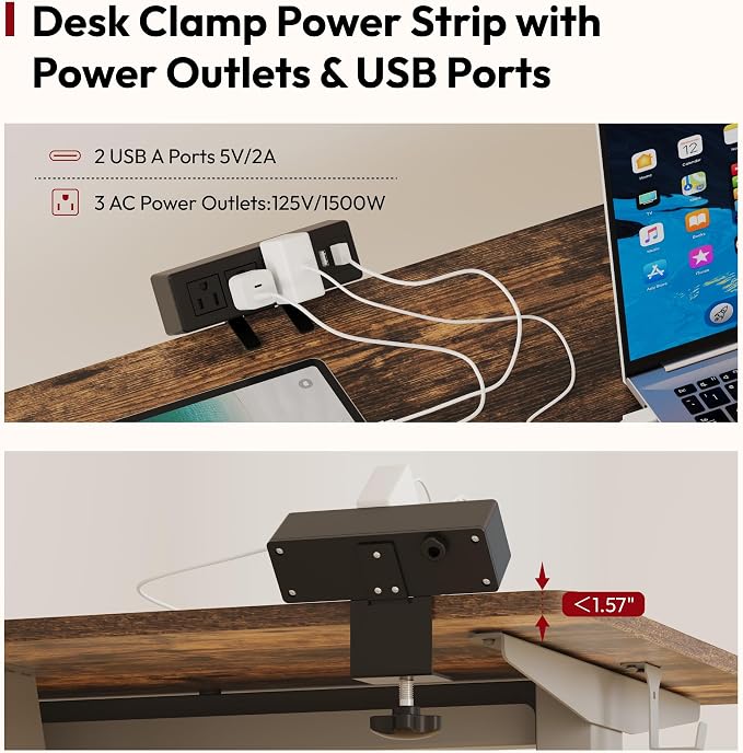 SANODESK Electric Standing Desk with Desk Clamp Power Strip 48"x 24" Whole-Piece Desktop Height Adjustable Stand Up Desk with Cable Management Sit Stand Home Office Desk Silver Frame/Rustic Brown Top