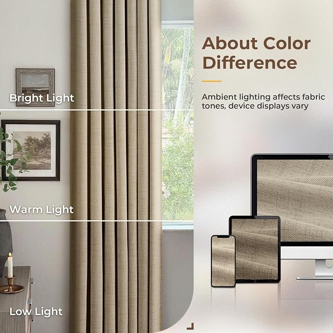 INOVADAY 100% Blackout Curtains for Bedroom, Earthy Beige Black Out Curtains 108 Inch Long, Clip Rings Linen Blackout Drapes, Thermal Insulated Room Darkening for Living Room, 2 Panels - W50xL108