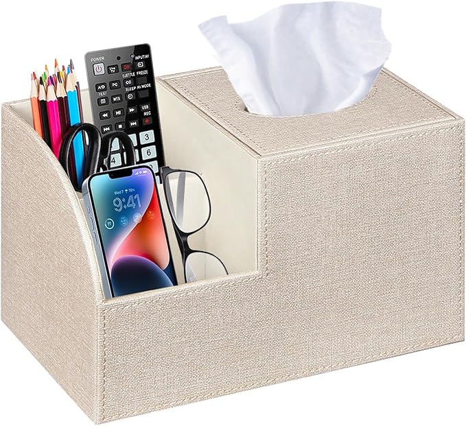 PU Leather Square Tissue Box Cover - Multi-Functional Tissue Box Holder | Tissue Box Cover with Storage,Tissue and Remote Control Holder/Caddy,Cube Tissue Box Organizer Bedroom Nightstand End Table