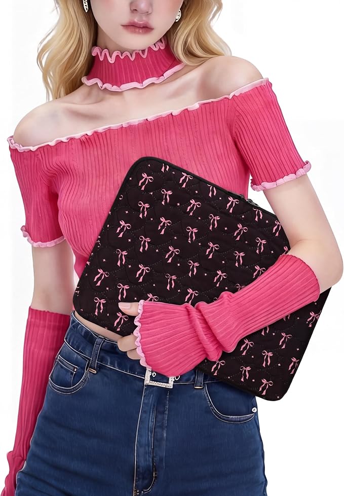 Cute Bow Puffy Laptop Sleeve 13-15 Inch Cute Quilted Laptop Protective Case Padded Bow Computer Sleeve for MacBook