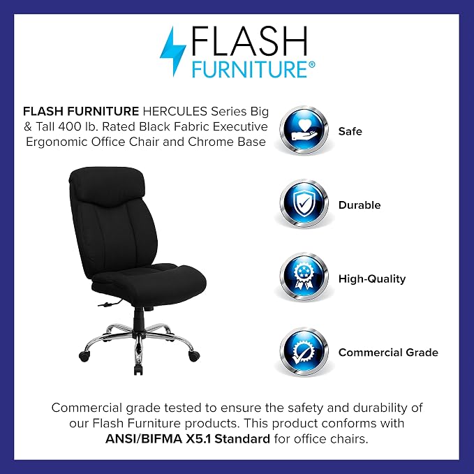 Flash Furniture HERCULES Series Big & Tall 400 lb. Rated Black Fabric Executive Ergonomic Office Chair and Chrome Base