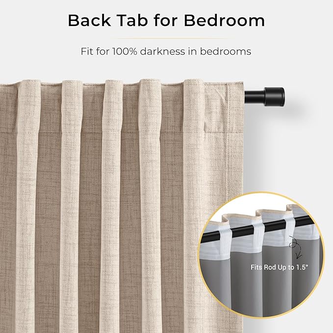 INOVADAY 100% Blackout Curtains for Bedroom, Oatmeal Black Out Curtains 96 Inch Long, Clip Rings Linen Blackout Drapes, Thermal Insulated Room Darkening for Living Room, 2 Panels - W50xL96