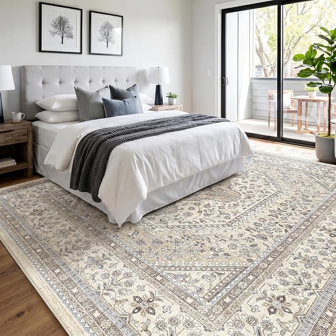 Puino 11x11 Square Area Rug - Washable Oriental Large Rugs for Living Room Soft Non-Slip Backing Indoor Carpet for Bedroom Low Pile Stain Resistant Floor Mat for Dinning Room Home Decor Beige/Gray