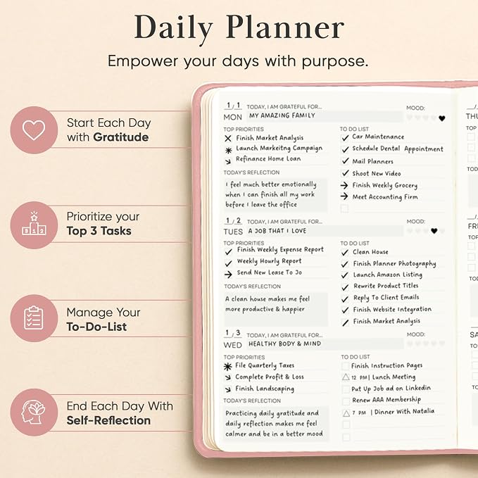 2026 Planner, Daily Journal & Gratitude Journal All-In-One with To Do List, Self Care Prompts & Habit Tracker - 5.8 x 8.3 - Pink