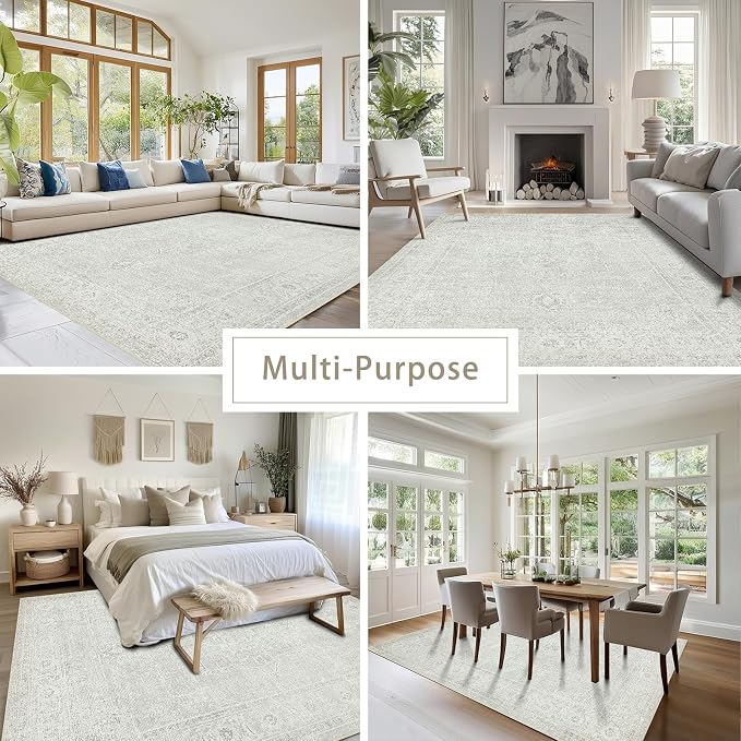 Srugn Washable Rugs 5x7 Area Rugs for Living Room,Bedroom,Large Carpets,Ultra Soft Faux Wool Retro Dining Room Rug,Non Slip&Non-Shedding Low Pile Vintage Rugs for Home Office,Concrete Grey