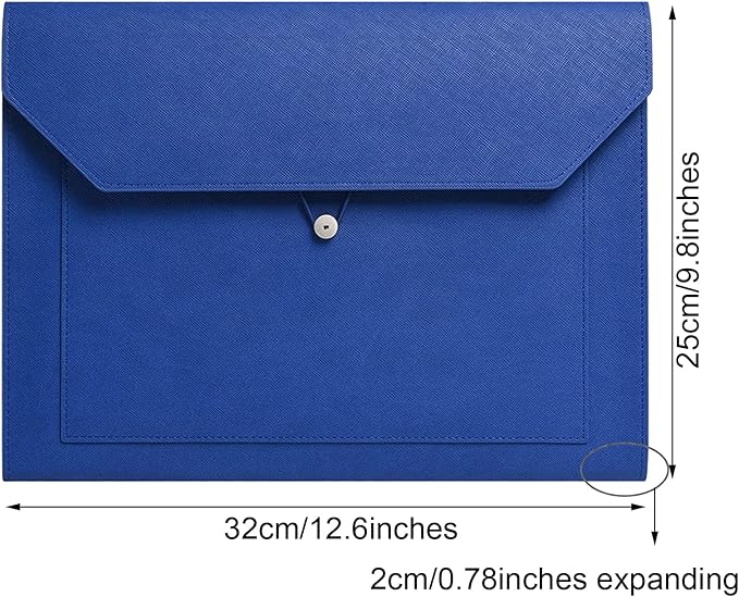 PU Leather A4 File Folder Document Holder 2 Pockets Portfolio Envelope Folder Case with Elastic String 3/4 Inch Expansion (Blue)