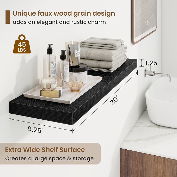 30in Floating Shelves for Wall, 30"W x 9.25"D x 1.25"H, 2 Pack Long Wall Mounted Engineered Wood Shelves with Invisible Brackets for Living Room, Bedroom, Bathroom, Kitchen Decor and Storage, Black