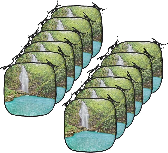 Lunarable Waterfall Chair Cushion Pads Set 12, Falling Water from Green Mountains Clear Pool and Tropical Plants, Anti-Slip Seat Padding for Kitchen & Patio, 16"x16", Turquoise Green White