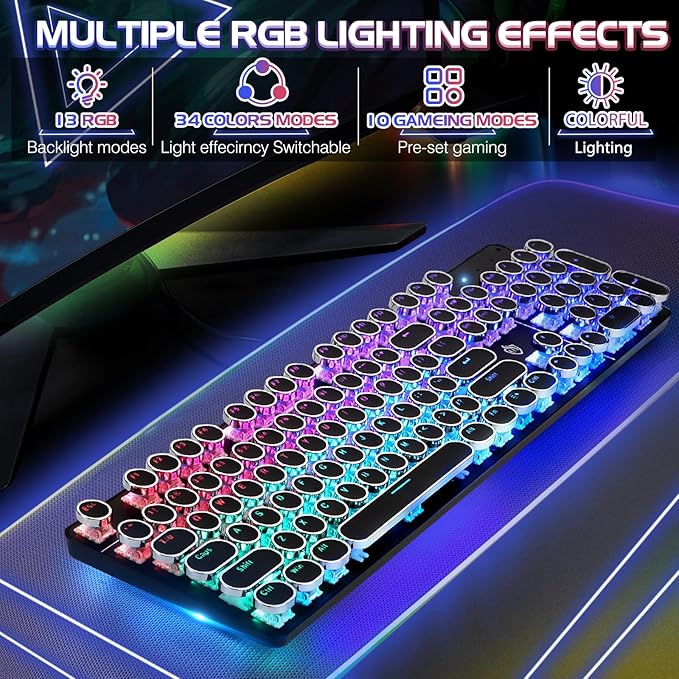 Typewriter Style Mechanical Gaming Keyboard RGB Backlit Wired with Blue Switch Retro Round Keycap 104 Keys Keyboard Compatible with Laptops/Chromebook/Desktop (Black 104 Keys RGB)