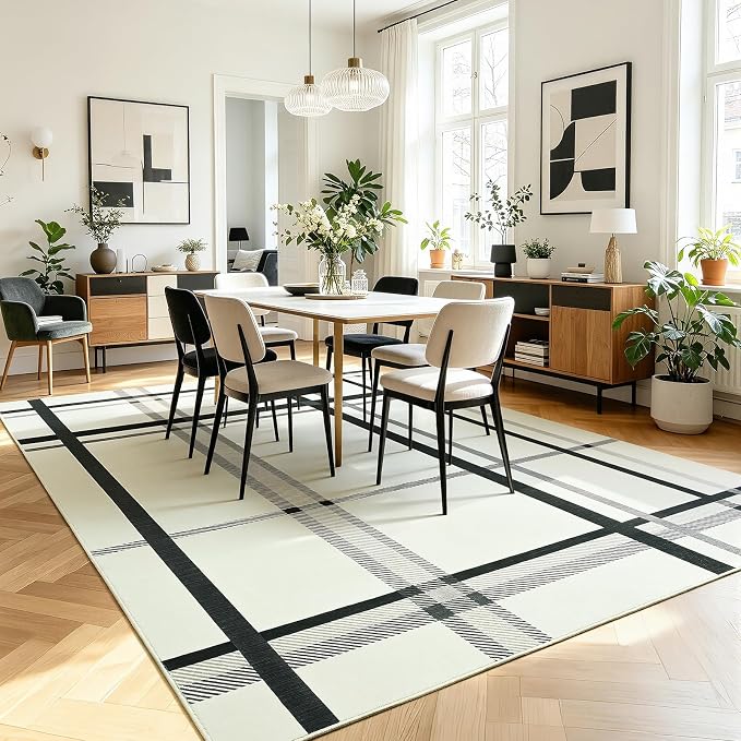 Terrug Plaid Area Rug for Living Room, Beige 5x7 Checkered Rugs Washable with Non Slip for Bedroom, Soft Low Pile Stain Resistance Abstract Carpet for Dinning Room