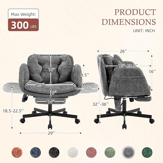 Criss Cross Office Chair with Footrest and 5-Gear Adjustable Arms, Grey | Wide seat cross-legged desk chair, flip lumbar pillow, airbag support, chenille fabric, for home office vanity and meditation
