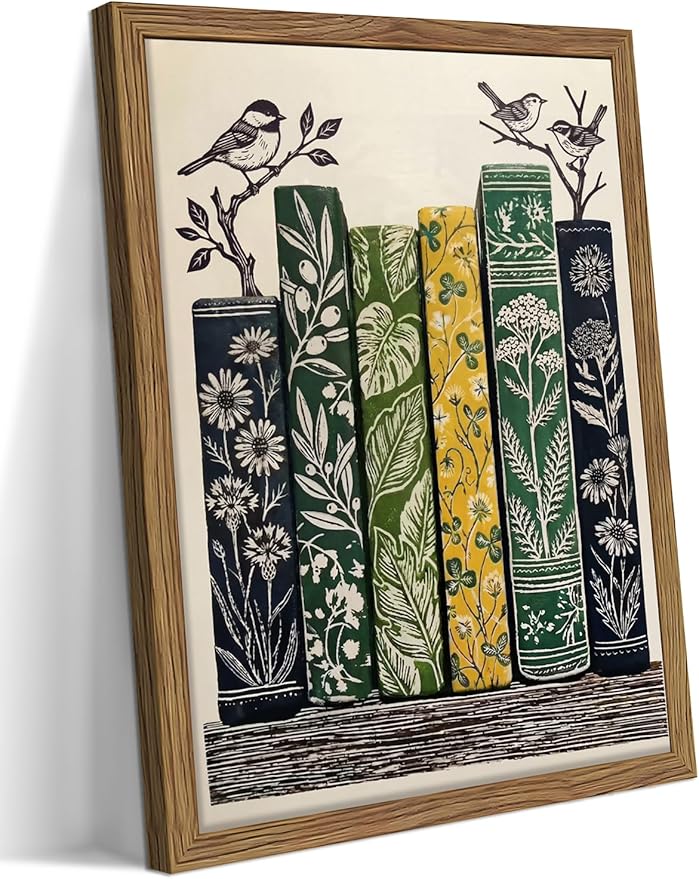 Framed Vintage Botanical Books Canvas Wall Art, Floral Books with Birds Poster Print, Retro Nature Library Reading Gift, Modern Literary Wall Decor for Study Living Room Office 12x16in