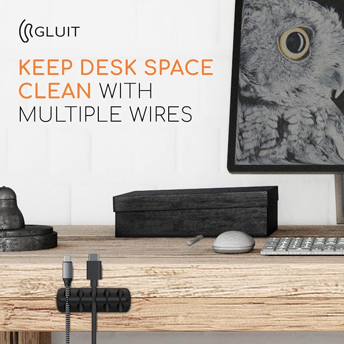 Cord Organizer for Desk, Nightstand Cable Holder, 5 Pack, Multislot, Black | GLUIT Adhesive Charger Organizer, Cable Management for Desk Car Office Home College Dorm Room Cable Clips for Cords