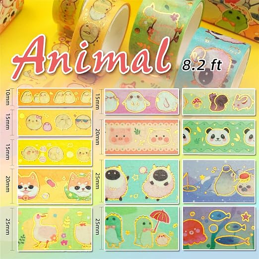 Cute Pets Washi Tape Set 13 Rolls Wide Gold Embellishment Decorative Masking Tapes for Arts, DIY Crafts, Journals, Planners, Scrapbook, Wrapping (Animal Kindergarten)
