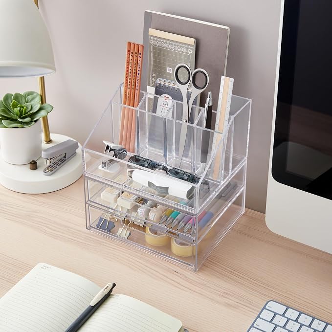 STORi Stackable Desk and Drawer Organizer, Clear Pen Pencil Makeup Brush Holder for Desktops and Vanities, 6 Compartment Caddy with 2 Wide Drawers (Made in USA)