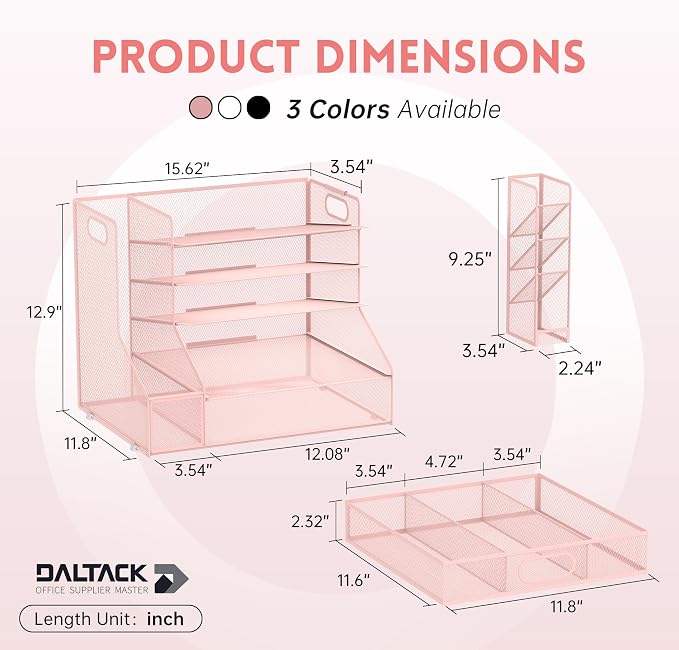 5-Tier Desk Organizer with File Holder & Pen Holder & Sliding Drawer, Pink | Mesh Metal Paper Letter Tray for Papers, Mail, Office Supplies, and Desk Accessories