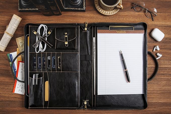 Oil Wax Leather Portfolio, Padfolio Organizer with Handle, Personalized Padfolio，Padfolio With Zipper for Men Women，Suitable for 15-inch Laptop Legal Pad Padfolio, Black
