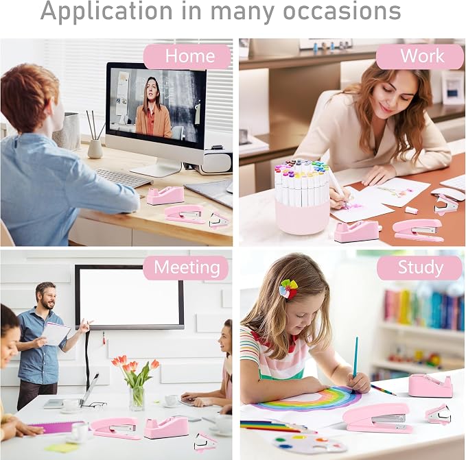 Pink Desk Accessories, Pink Office Supplies Accessories with Tape Dispenser, Stapler, Staple Remover, 1000 Staples, Tape, Clips Set, Ruler, Scissor, Pen