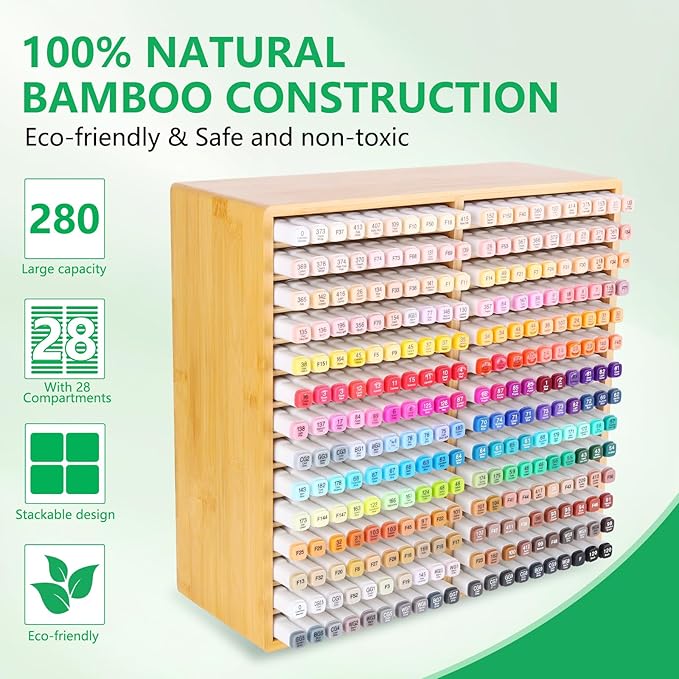 walowalo Bamboo Marker Organizer for 280 Markers Christmas Gifts Durable Pencil Holder Desk Storage Large for Artists Teachers Students Classroom Birthday Gifts No Assembly Required 28-Compartments