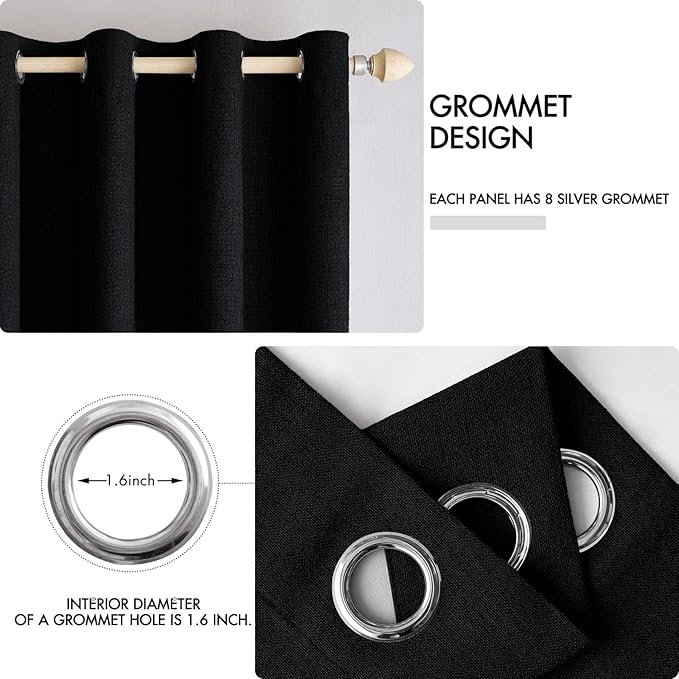 MIULEE Linen Texture 90 Inches Curtains for Bedroom 100% Blackout Thermal Insulated Halloween Black Curtains Grommet Room Darkening Drapes for Living Room 52x90 Inch (2 Panels)
