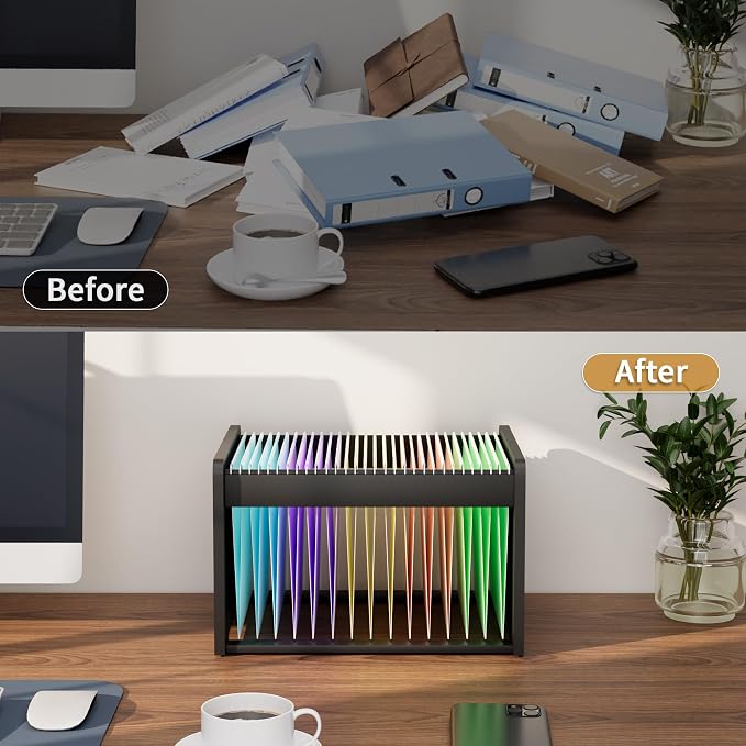 Bamboo Hanging File Organizer, Desktop File Box, Open Top, 1 Pack, Black | Open-Top Access, 2 Hanging Folders Included, Letter & Legal Files, Sliding Rails, Reinforced Handles, Easy Assembly