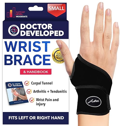 Doctor Developed Wrist Brace - Wrist wrap for Carpal Tunnel Arthritis,Tendonitis, Hand Support - Ideal for Fitness, Weightlifting - Handbook included (Black (Small- 1 Pack)
