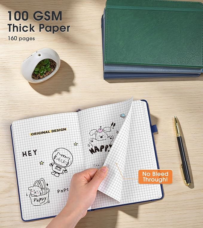 A5 Leather Hardcover Graph Paper Notebook, 160 Pages (5 Squares/Inch), 180° Lay-Flat Binding, 100 GSM Thick Paper, for Math, Engineering, Students & Technical Work (Navy)