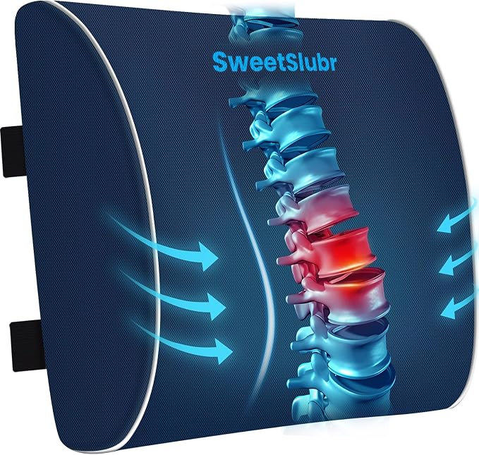 SweetSlubr Large Lumbar Support Pillow for Office Chair, Car Seats and Home Desks, Ergonomic Back Support with Double Adjustable Straps, Machine Washable Cover (Blue,XL)