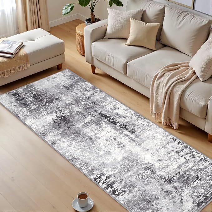 Macgace Washable Abstract Runner Rug, 2x6 Modern Area Rugs with Non-Slip Rubber Backed for Kitchen, Thin but Soft Contemporary Carpet Bedroom Entryway Hallway Decor, Dark Grey
