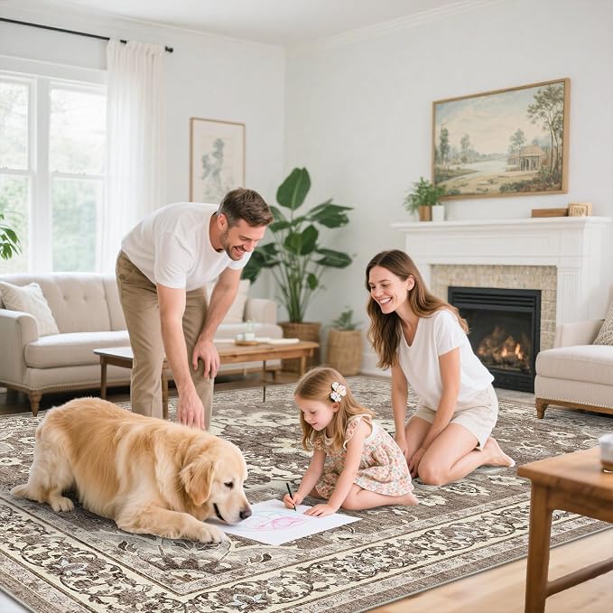 TOPRUUG Washable Oriental Area Rug - 10x10 Area Rugs for Living Room Bedroom Dining Room Under Kitchen Table - Non-Slip & Stain Resistance Rug for High Traffic Area (Beige, 10x10)