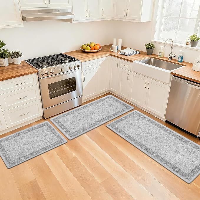 Pauwer Anti Fatigue Kitchen Floor Mats Set of 3, Cushioned Rugs, Light Grey | Non Slip Comfort Standing Mat, PVC Foam Padded Kitchen Rugs, Waterproof Sink Rug for Small Kitchen Area, Laundry Room