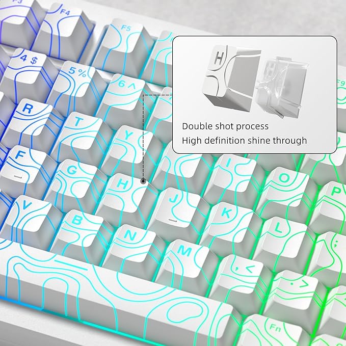 dagaladoo Double Shot PBT keycaps 119 Keys Set White Topographic Shine Through Custom keycaps Cherry Profile Custom Keyboard Key caps for 60/65/75/TKL/96/100% US Layout Mechanical Keyboard