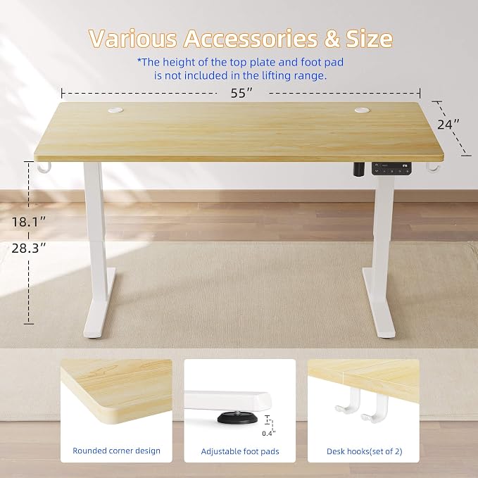 YIHAYO Low Height Adjustable Desk, Lifts 18.1-28.3 Inches, Electric Standing Desk for Short People, 55 x 24 Inches Computer Table with Splice Board for Home Office, Natural