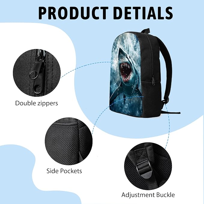 3PCS Shark Print Backpack for Boys Girls Teens, School Backpack with Lunch Box Pencil Case for Elementary Middle High Students, 17 Inch Lightweight Bookpack 3 in 1 Set Back to Shool Gifts for Kids